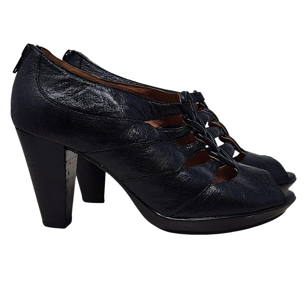 Indigo Clarks Heels 8M Wom Pumps Black Leather Strappy Peep Toe Retro Whimsigoth